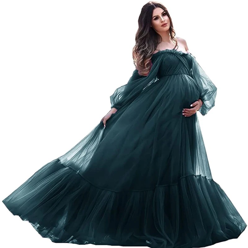 Puffy Sleeve Maternity Dress Tulle Robe with Underskirt för fotoshoot off axel graviditet baby shower klänning