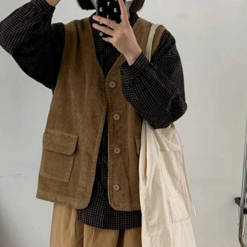 Corduroy Vest Streetwear Pockets Autumn Coats Tender AllMatch Ropa Mujer Japanese Style Solid Vintage 240130