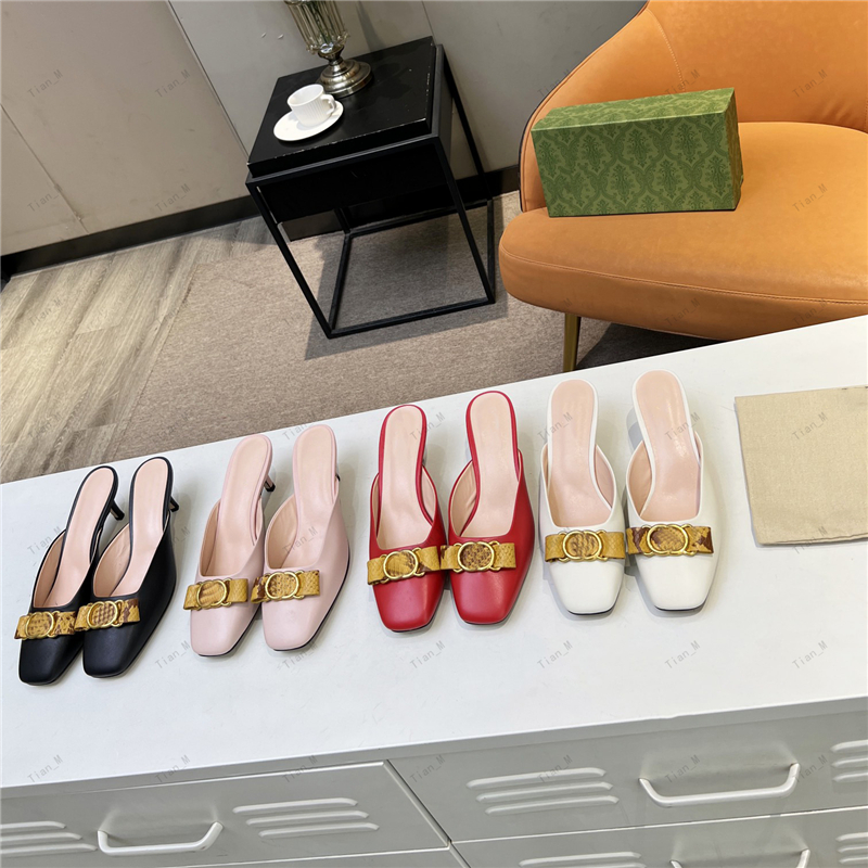 2024 Newest High Qualit Sandals Slippers Women Elegant High Heel Sandals Luxury Designer metal buckle Slippers Women's Summer Fashion Leather kitten Hee