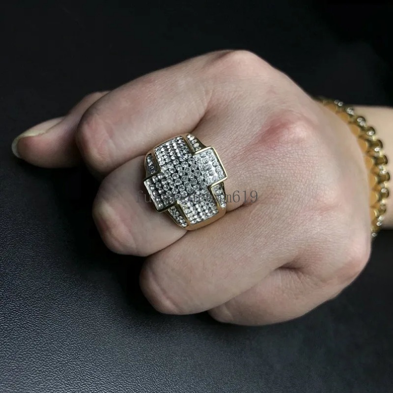 Męskie Kamienie Hip Hop Pierścień biżuterii Złota Plane Rhinestone Cross Fashion Staży Stale Pierścienie dla mężczyzn