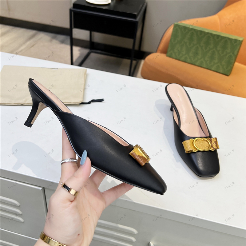 2024 Newest High Qualit Sandals Slippers Women Elegant High Heel Sandals Luxury Designer metal buckle Slippers Women's Summer Fashion Leather kitten Hee