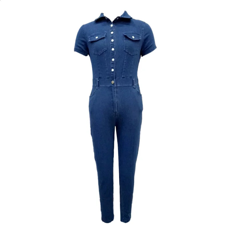 Summer Women Fashion Slim Kumpsuit Kobieta krótkie rękawowe półbutton Placket Rompers Ołówek dżinsy Casual Wear Streetwear 240124