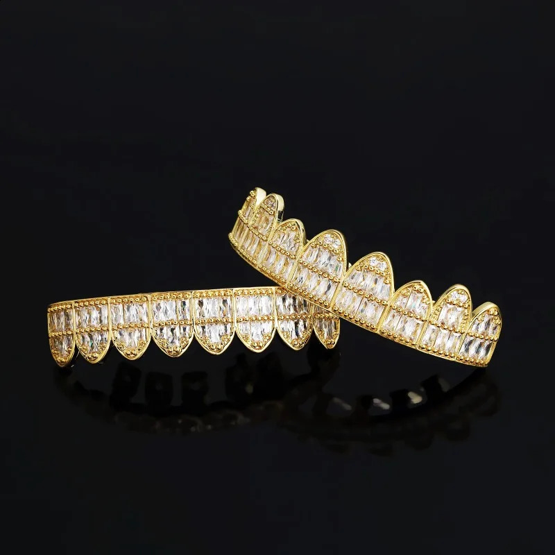 Hiphop Iced Out T Square Zircon Tooth 88 Body Piercing Jewelry Real Gold Plated Teeth Grills Top Bottom Cap Set 240127