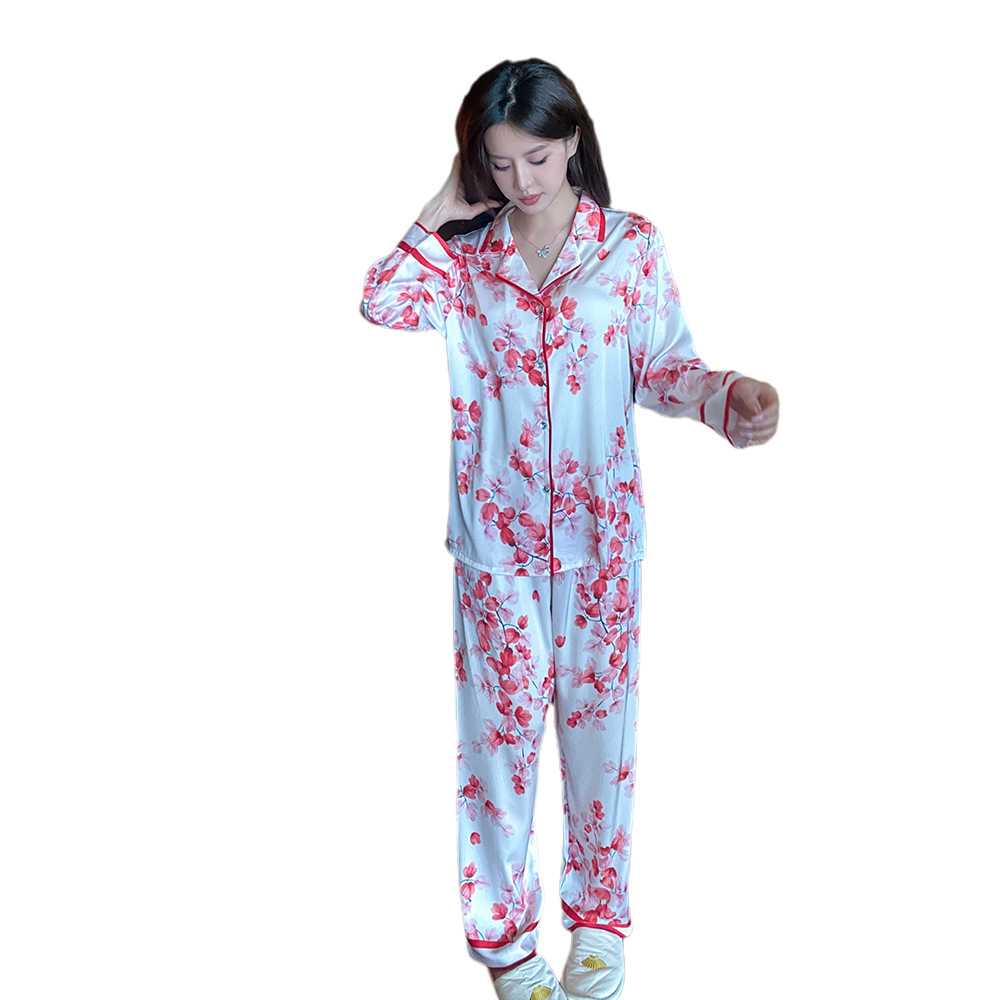 Printemps et automne nouveaux pyjamas femmes glace soie rose feuille à manches longues ouvert devant maison Fury