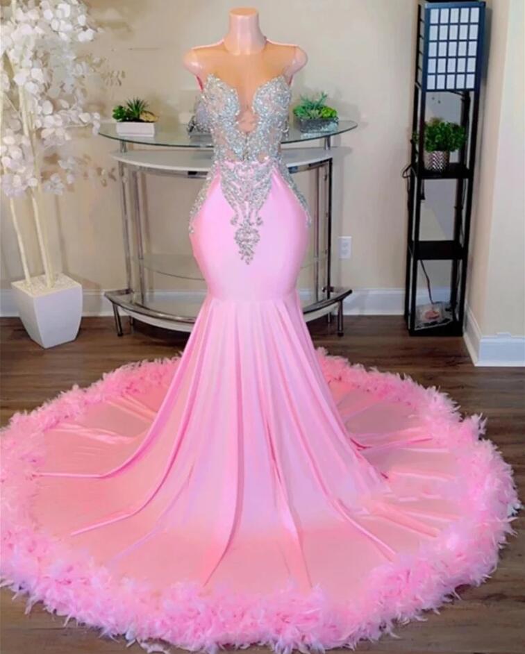 Sweety Pink Feathers Mermaid Prom Dresses 2024 For Black Girls Sheer Mesh Sliver Crystal Beaded Evening Gowns Sexy Sparkly robe de bal 0219