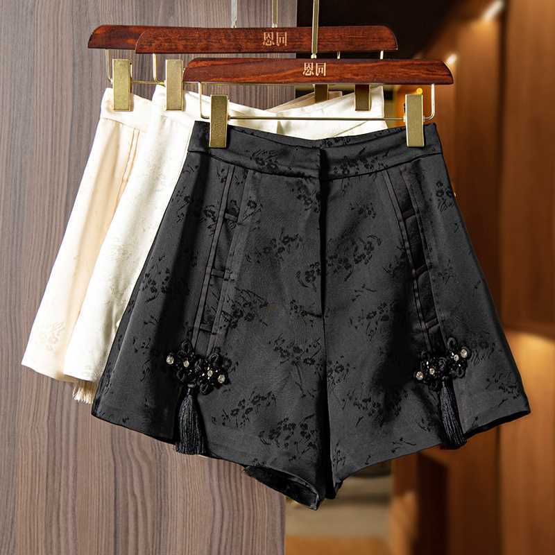 Zomer 2024 Nieuwe Dames Chinese Stijl Jacquard Shorts Retro Gesp Kwastje Veelzijdige Afslankbroek