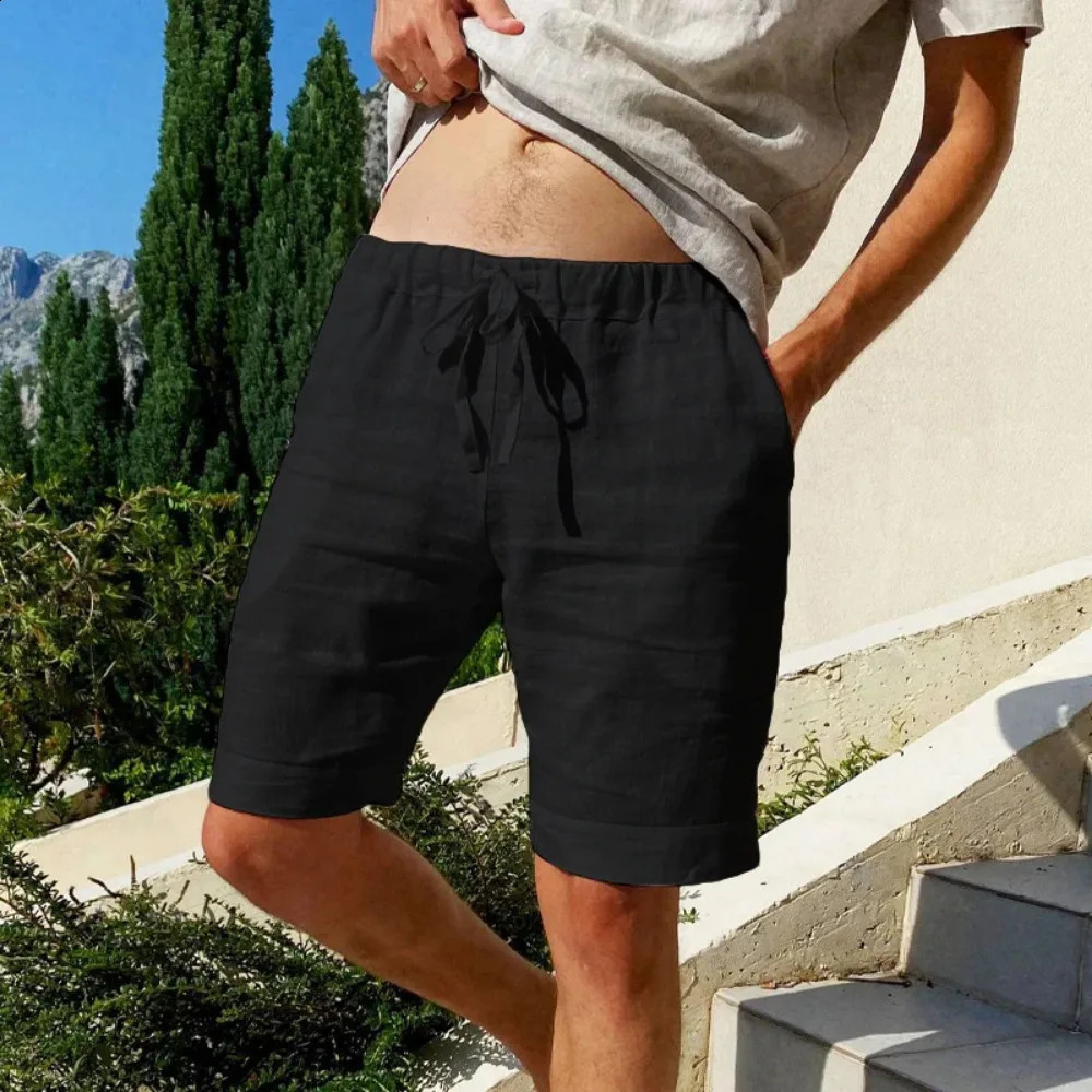 Heren katoenen linnen shorts strandbroek heren zomer ademend effen kleur Hawaiiaanse broek fitness straatpak S-3XL 240219