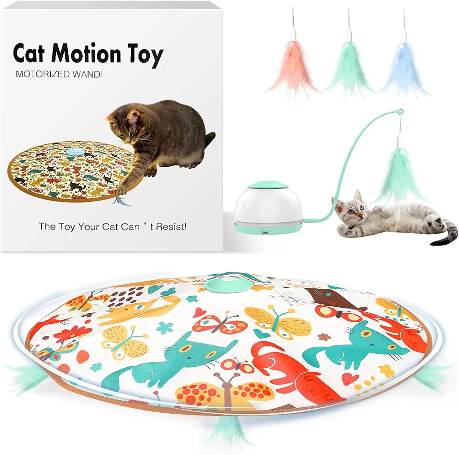 Atuban Automatic Motion Cat Toys-4 lägen Interactive Motorised Wand Toys3 Featherselectronic träning Petleksak för inomhuskatter 240219