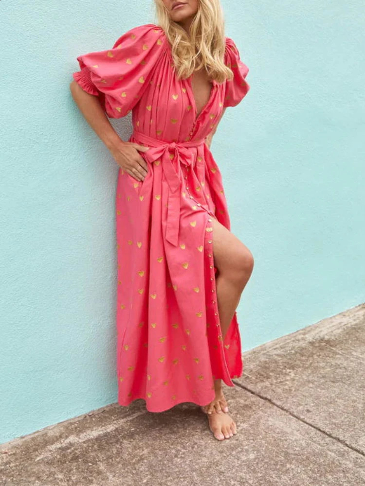 Fashionable retro long dress 2024 new holiday summer plus size loose printed cardigan short sleeved beach dress 240219