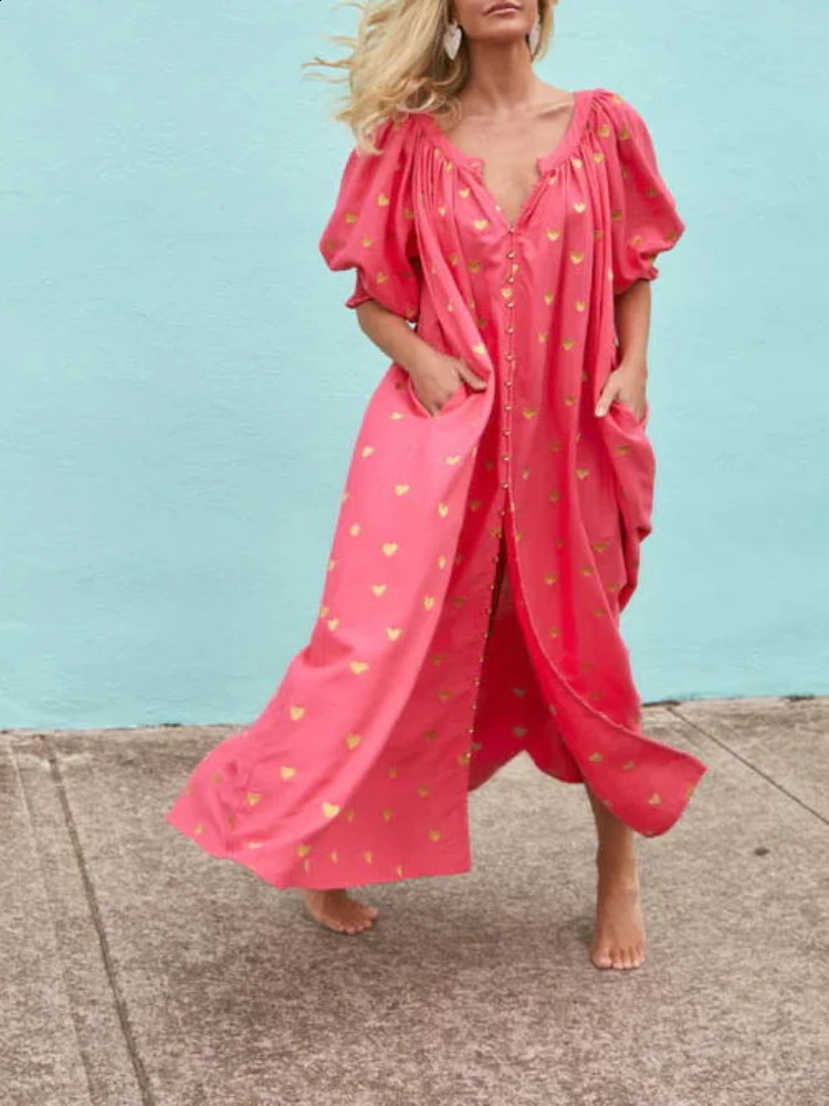 Fashionable retro long dress 2024 new holiday summer plus size loose printed cardigan short sleeved beach dress 240219