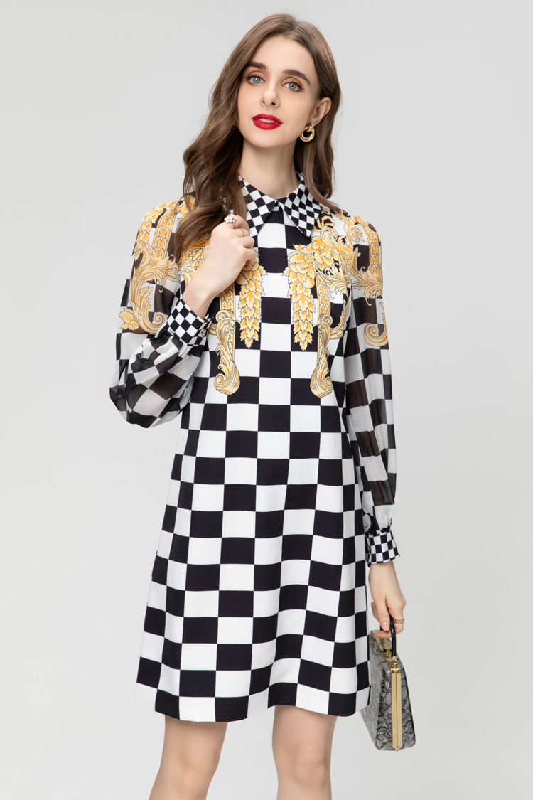 女性用滑走路ドレスが襟を下げて長袖プリント格子縞のファッションハイストリートデザイナーVestidos