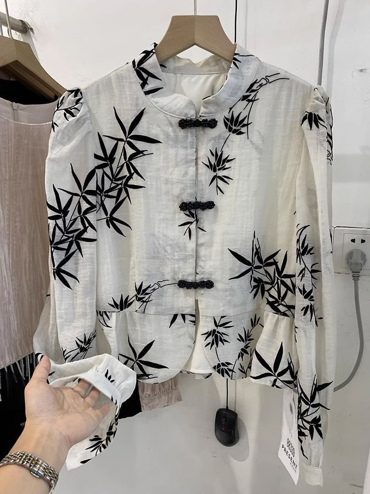 Novo estilo chinês bambu impresso botão até camisa de chiffon de manga comprida para produtos europeus femininos