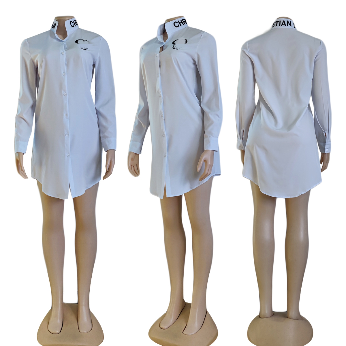 2024 Embroidery Shirt Dresses Women Casual Lapel Neck Long Sleeve Short Tunic Dress Free Ship