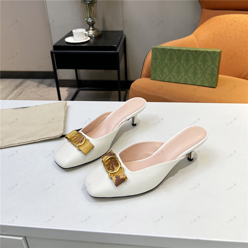 2024 Newest High Qualit Sandals Slippers Women Elegant High Heel Sandals Luxury Designer metal buckle Slippers Women's Summer Fashion Leather kitten Hee