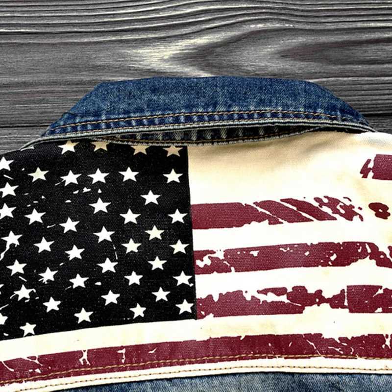 Herrjackor grossist 2020 Mens Spring Jacket Mens Korean USA Flagg Tryckt hål LAPEL Denim Jacket Hombre Mens Denim Jacket Mänkläder T240217