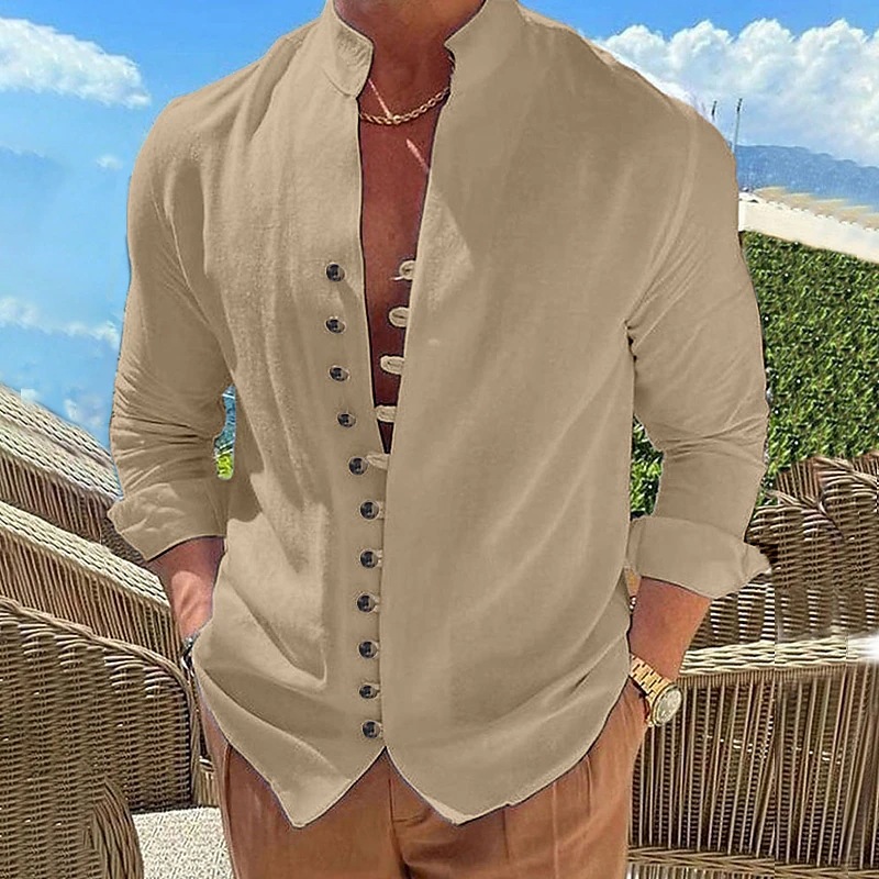 Винтажная мужская повседневная свободная рубашка с длинным рукавом и воротником-стойкой весна-осень на открытом воздухе