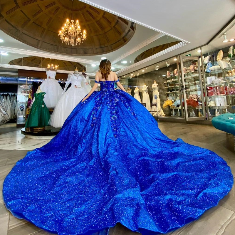 Azul glitter cristal lantejoulas vestido de baile quinceanera vestidos fora do ombro apliques rendas contas espartilho vestidos de 15 anos