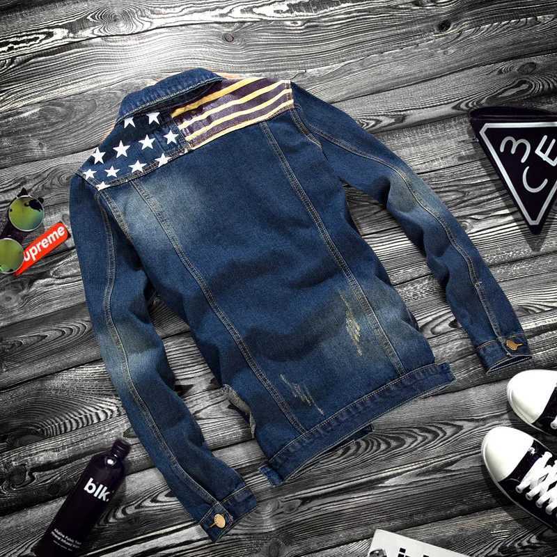 Herrjackor grossist 2020 Mens Spring Jacket Mens Korean USA Flagg Tryckt hål LAPEL Denim Jacket Hombre Mens Denim Jacket Mänkläder T240217