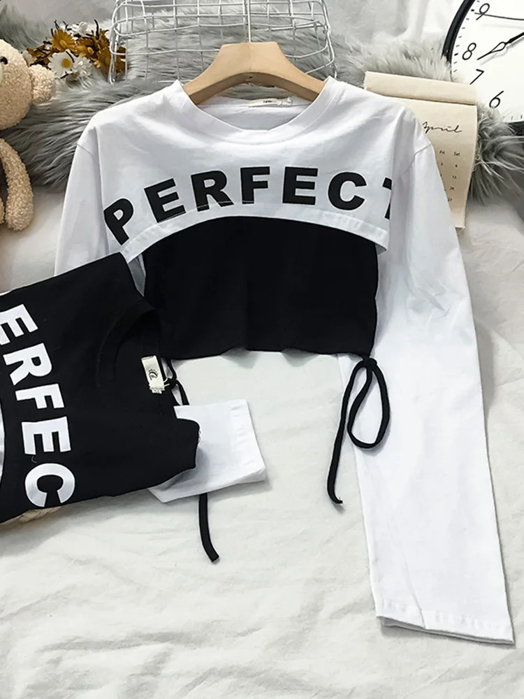 High Street Fashion T-shirt Frühling Sommer Langarm Falsche Zwei Stück Weibliche Crops Tops S M L XL 240129