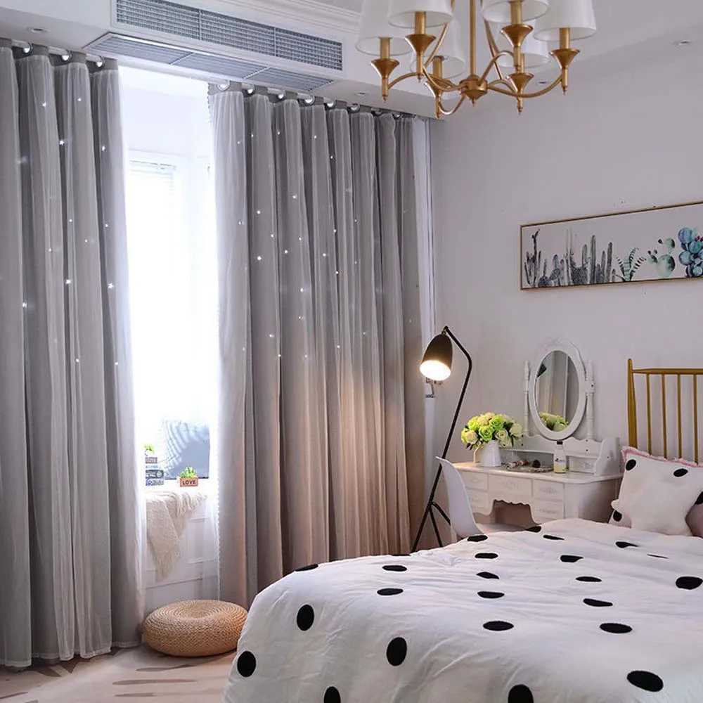 Curtain Double Layer Hollow Stars Blackout Curtains for Kids Room Sheer Curtains for Living Room Girls Bedroom Window with White Tulle