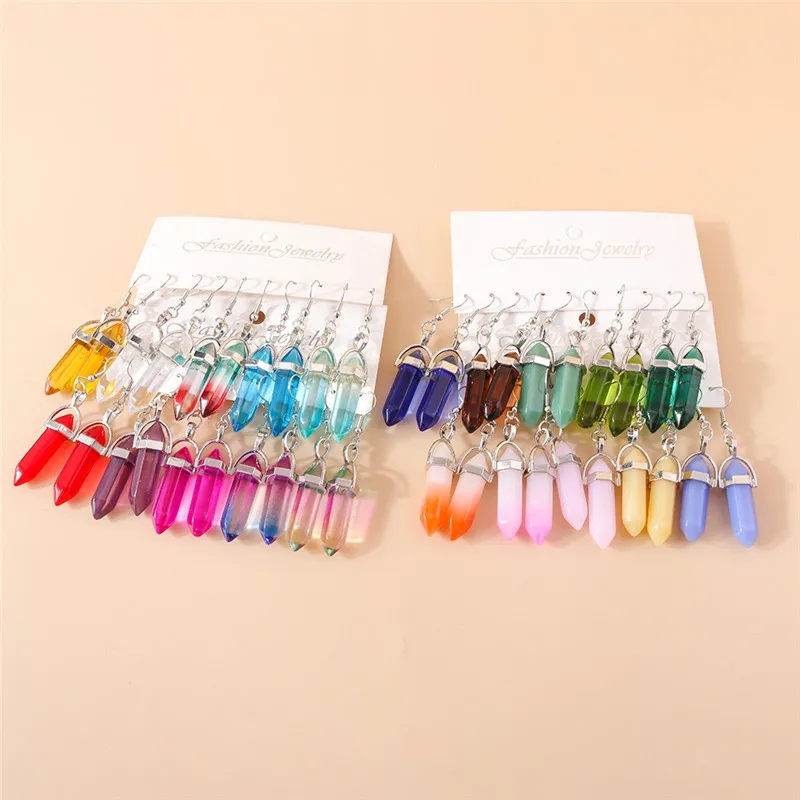 Boucles d'oreilles en pierre de colonne hexagonale naturelle colorée pour femmes et hommes, pierre de balle de guérison, cristal Reiki, boucles d'oreilles pendantes, bijoux de fête, cadeaux