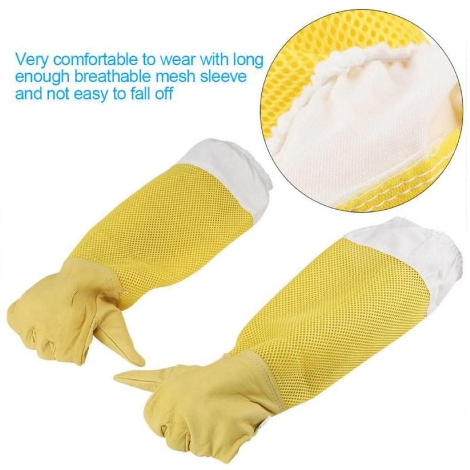 Gants pour Apiculture, manches de protection, maille jaune respirante, peau de mouton blanche et tissu pour Apiculture # YJ jetables 262T