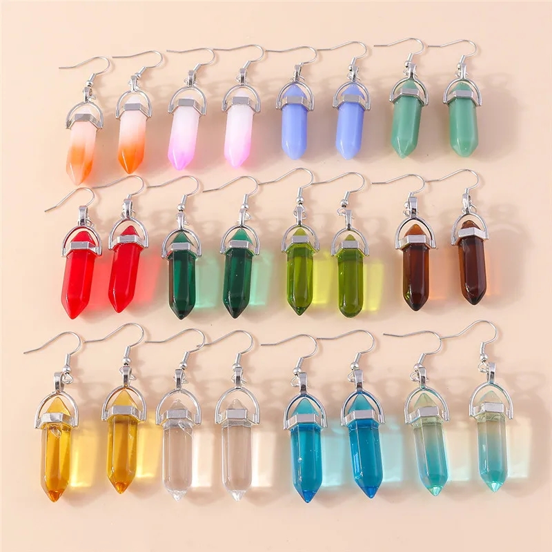 Boucles d'oreilles en pierre de colonne hexagonale naturelle colorée pour femmes et hommes, pierre de balle de guérison, cristal Reiki, boucles d'oreilles pendantes, bijoux de fête, cadeaux