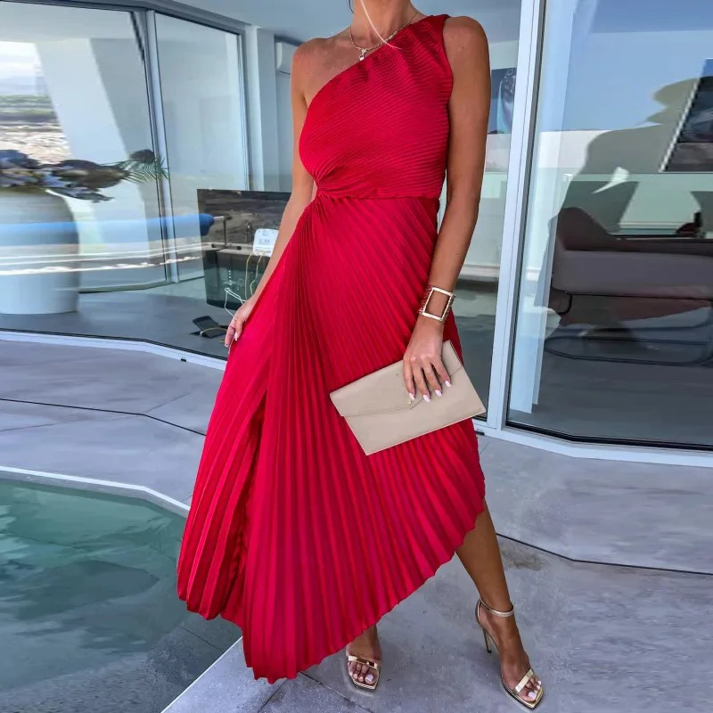 Sexy une épaule creuse asymétrique robe pour femmes couleur unie coupe ajustée robe de soirée élégante col incliné plissé robe de plage 240220
