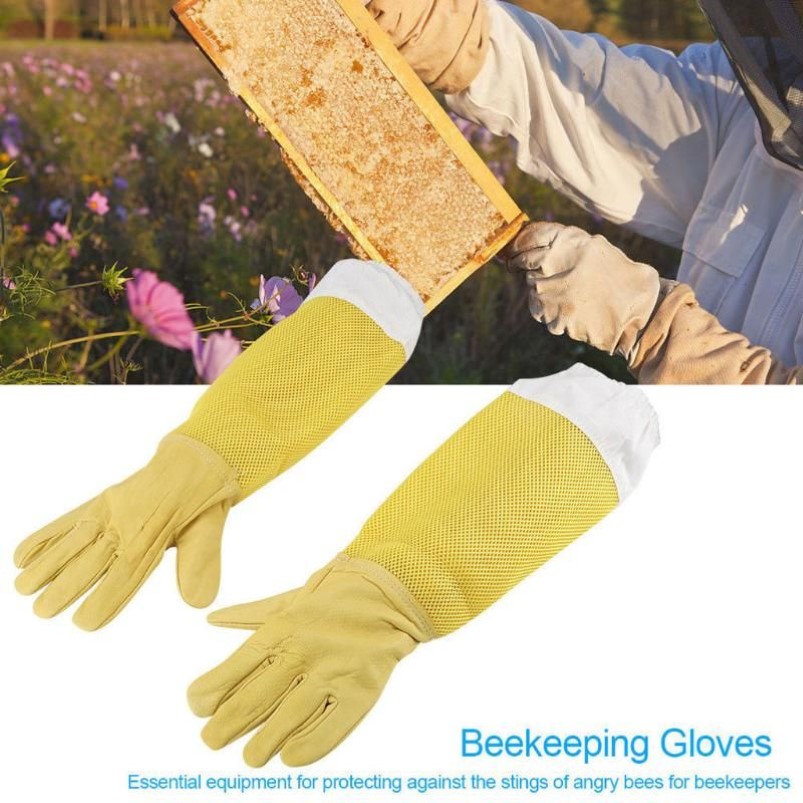 Gants pour Apiculture, manches de protection, maille jaune respirante, peau de mouton blanche et tissu pour Apiculture # YJ jetables 262T