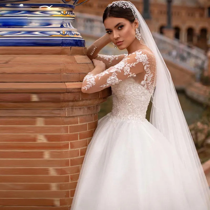 Fabulous Princess Wedding Dresses Jewel Neck Long Sleeve Bead A Line Bridal Gown Button Back Vestidos De Noiva Plus Size