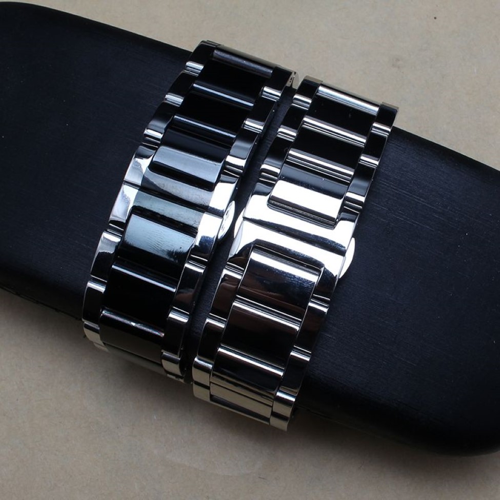 18mm 20mm 21mm 22mm 24mm métal poli noir Bracelet de montre en acier inoxydable Bracelet de montre hommes Bracelet en argent remplacement solide Lin343d