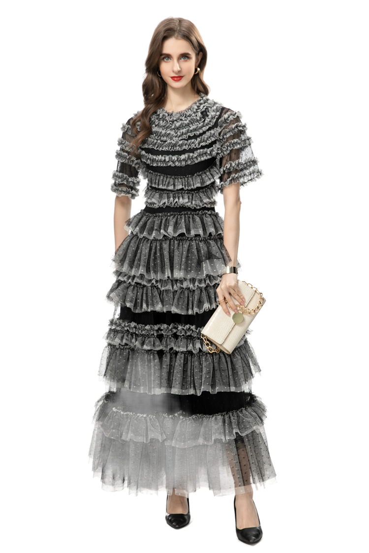 Women's Runway Dresses O Neck Short Sleeves Sexy Tulle Laid Over Tiered Ruffles Dots Printed Elegant Designer Party Prom