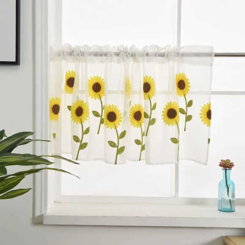 Curtain Daisy Embroidered Sheer Curtain Short Curtain for Kitchen Cafe Window Half Curtain Valance Tulle Door Curtain Drape Sheer Tulle