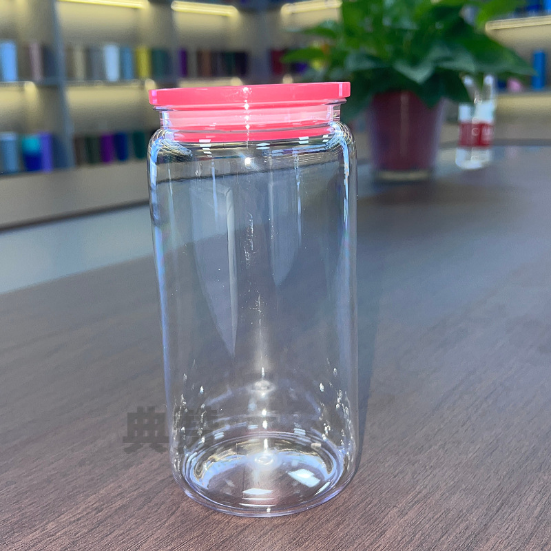 16oz acrylic libbey can cups clear plastic drinking tumblers with colored PP lid straw cola food drinks mason jars can for vinly student reusable cups