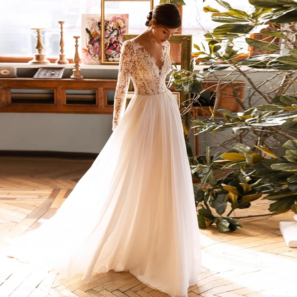 Chic Chiffon A Line Wedding Dresses Button Back Boho Beach Bridal Gown Bead Waist Robe de novia Scoop Neck Illusion Brides Dresses