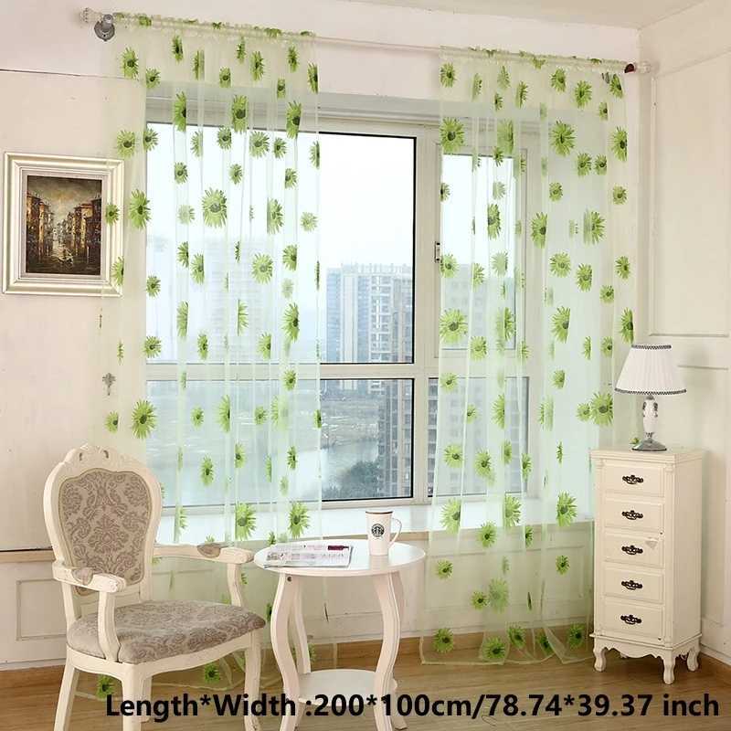 Cortina de tule flor de sol para sala de estar, quarto, cozinha, amarelo floral, voile transparente para tratamento de janela