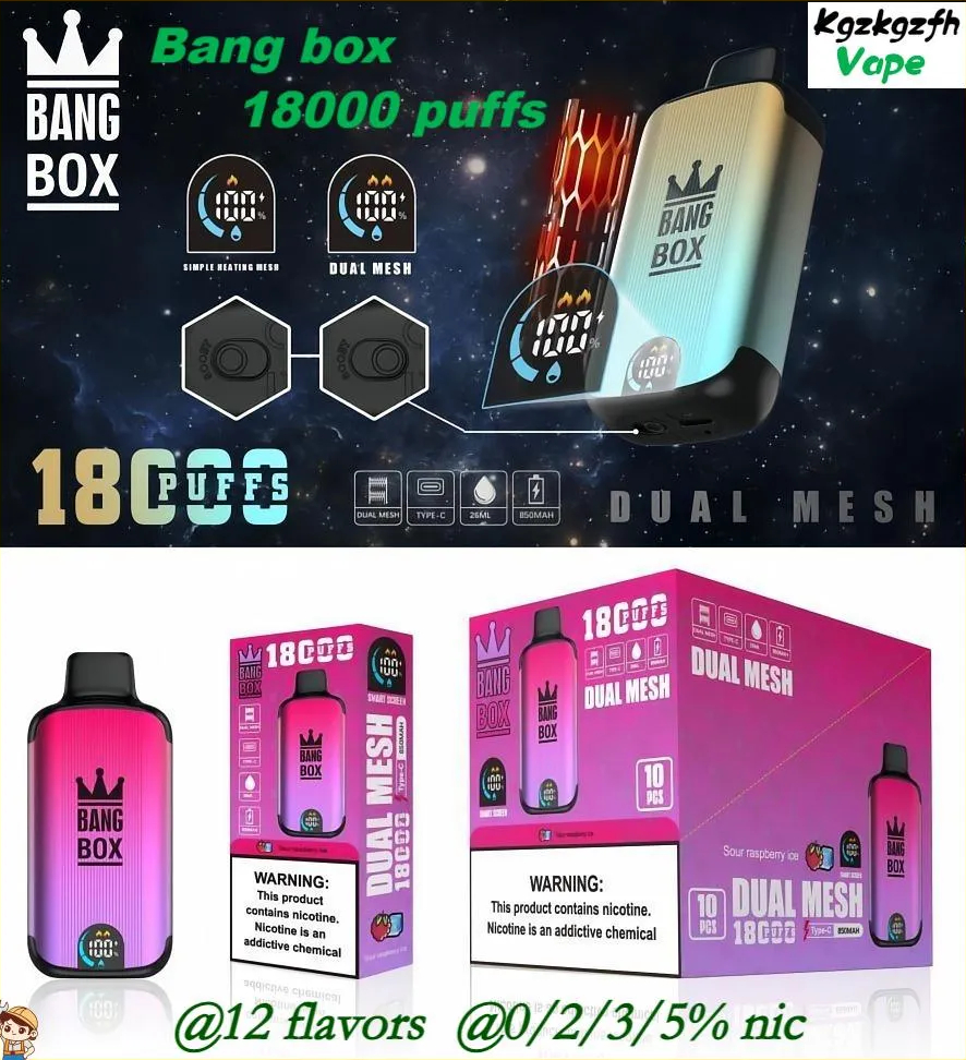 Oryginalny Bang Box 18000 Puffbable Puff 18k 15k 12k Vapes Pen 26 ml 18000 E papieros 0% 2% 3% 5% Waporyzator z podwójnym waporyzatorem Cewki siatkowe Vape