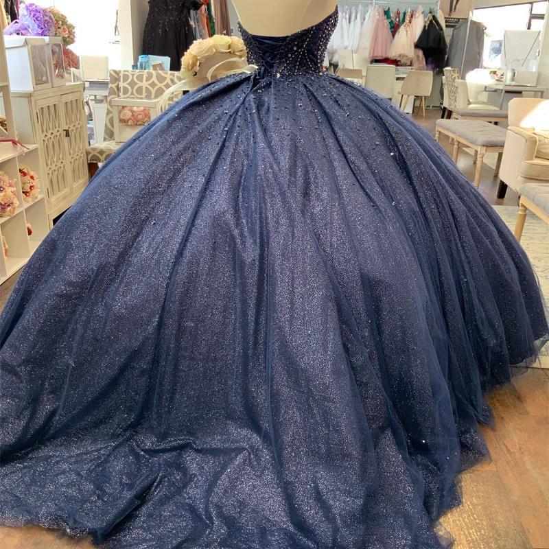 Robe De bal à paillettes bleu marine, robes De Quinceanera, épaules dénudées, Corset à perles, robes De 15 ans