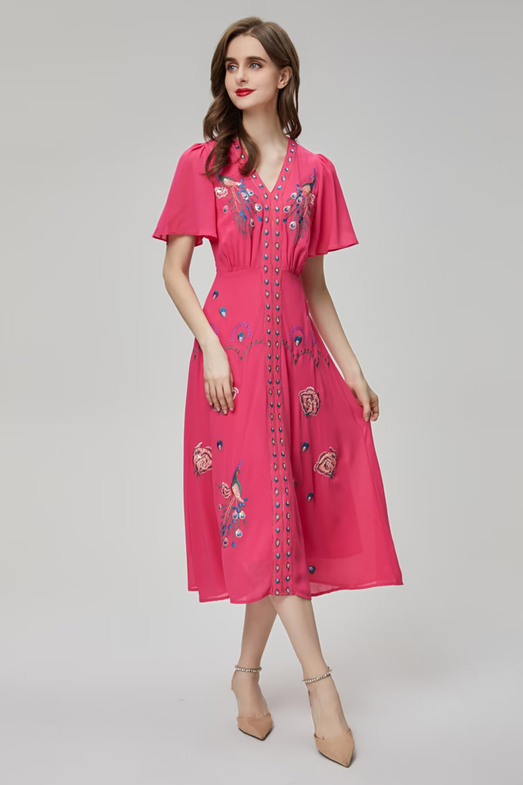 Damska sukienka v szyja krótkie rękawy haftowe cekinowe modne mody swobodne środkowe referencje