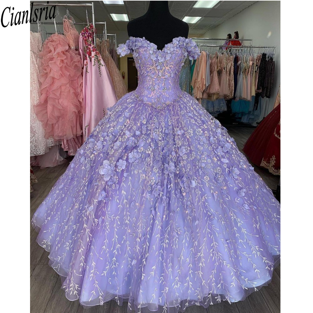 2024 Lavendel Quinceanera Sweet 16 Kleider Spitze Applikation Schulterfrei Schnür-Abschlussball-Ballkleid Abschluss 7