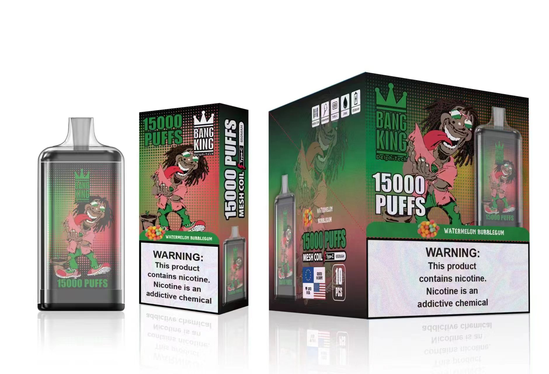 Оригинальные одноразовые вейпы Bang King 15000 Puffs Электронные сигареты 0% 2% 3% 5% Puff 15k 25ml Предварительно заполненные капсулы 1,0 Ом Сетчатая катушка 650 мАч Перезаряжаемая батарея Vaper Pen