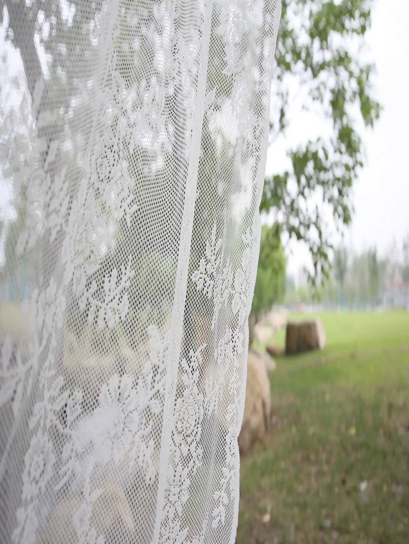 Curtain Outdoor Lace Curtain German Style White Flower Sheer Rod Pocket Curtain