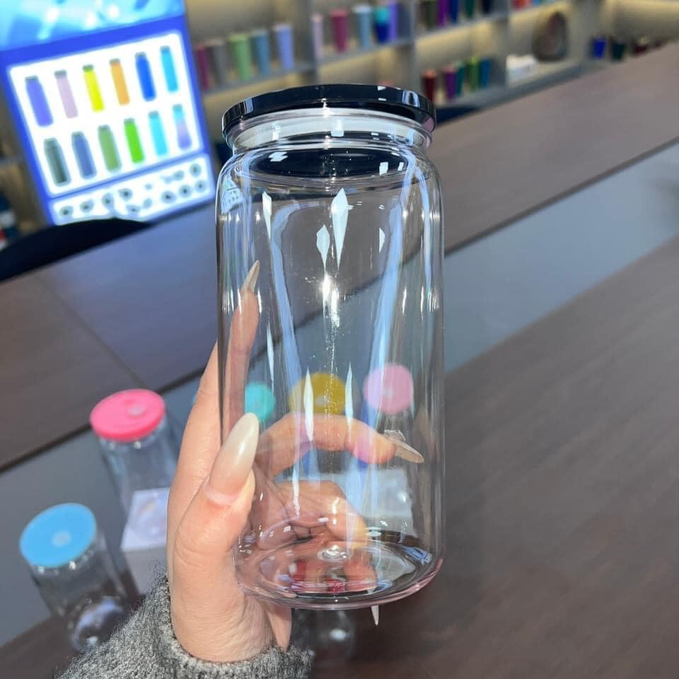 16oz acrylic libbey can cups clear plastic drinking tumblers with colored PP lid straw cola food drinks mason jars can for vinly student reusable cups