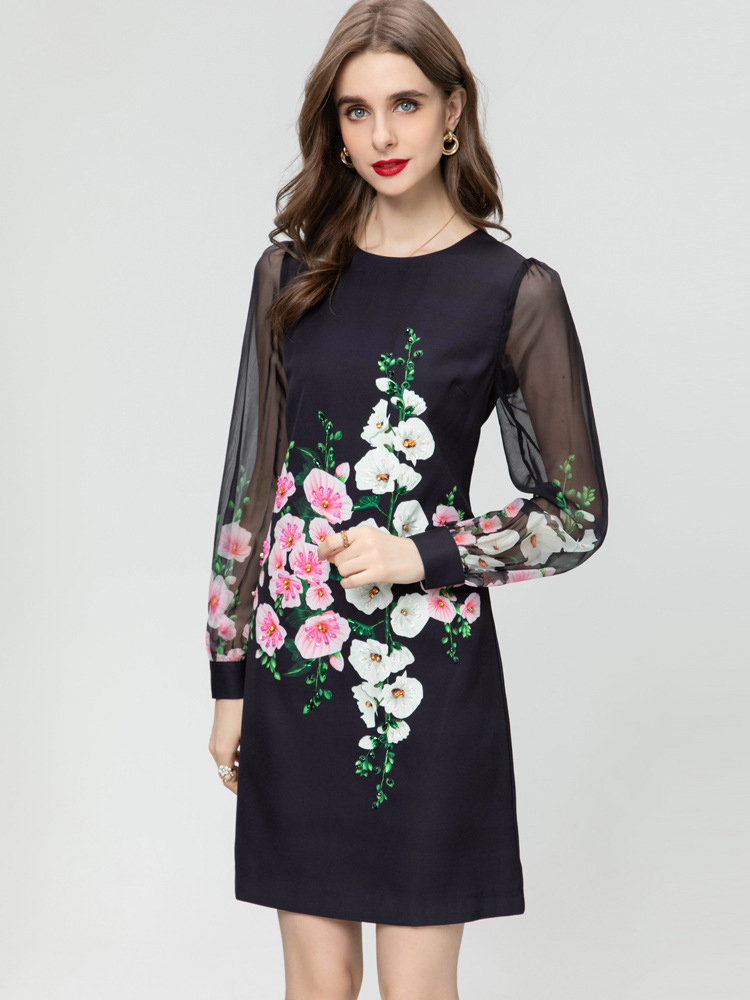 Kadın pist elbiseleri o boyun uzun sleevess çiçek baskılı patchwork boncuklu moda cadde tasarımcısı mini vestidos