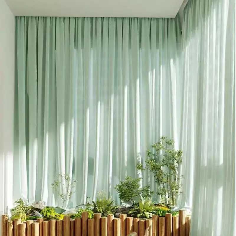 Cortina europeia simples cor pura verde chiffon tule fio guaze cortina quarto sala de estar 1 peça janela quarto