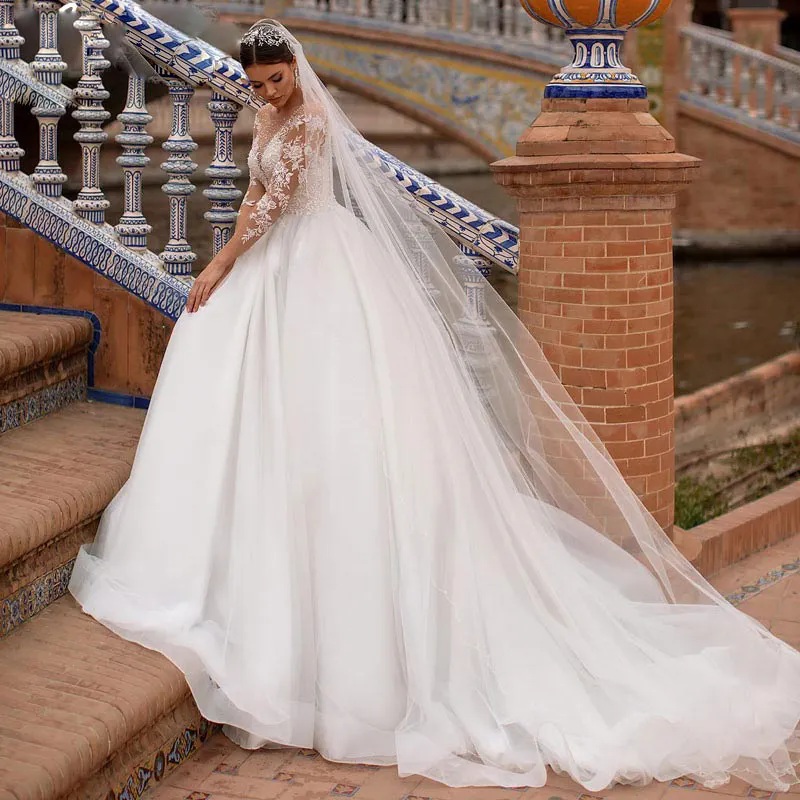 Fabulous Princess Wedding Dresses Jewel Neck Long Sleeve Bead A Line Bridal Gown Button Back Vestidos De Noiva Plus Size