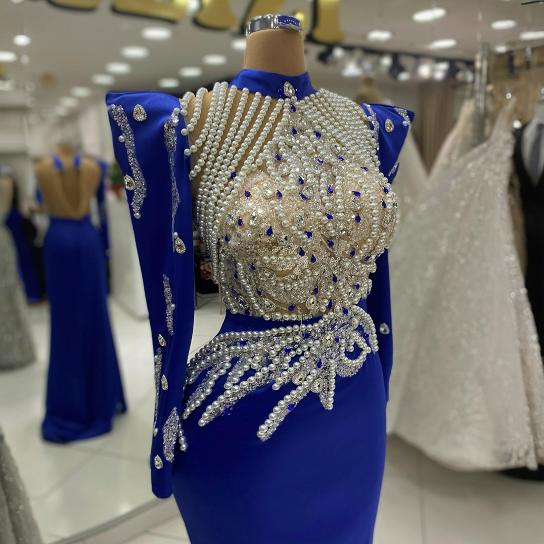 Royal Blue Prom Dresses African Style Mermaid High Neck Long Sleeves Satin Evening Dresses Elegant Pearls Beaded Sequin Birthday Party Gowns Engagement Dress NL545