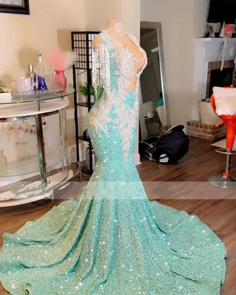 Glitter Sequins Appliques Mermaid Prom Dresses 2024 For Black Girls Sexy Sheer Mesh Top Applique Beaded Crystal Tassel Party Evening Gowns Robe De Bal 0220