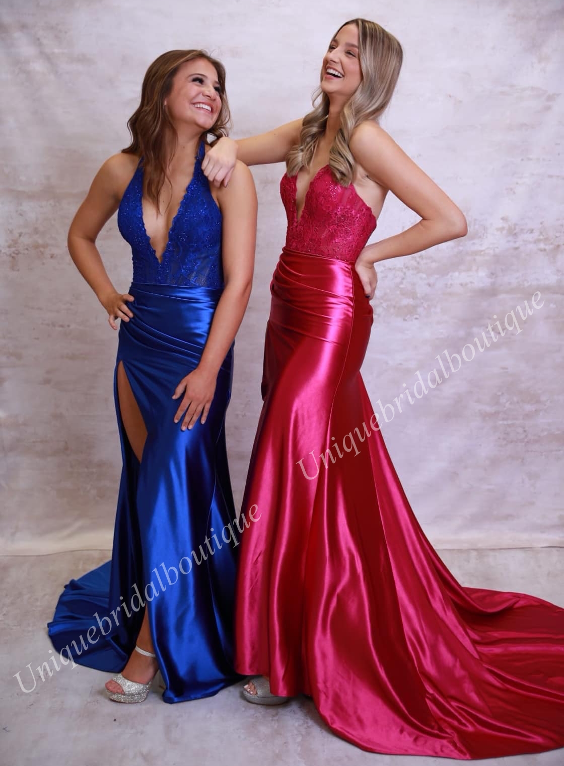 Halter Fitted Prom Queen Dress 2k24 Deep V-Neck Lace Bodice Long Preteen Pageant Winter Formal Evening Cocktail Party Runway Black-Tie Gala High Slit Fuchsia Royal