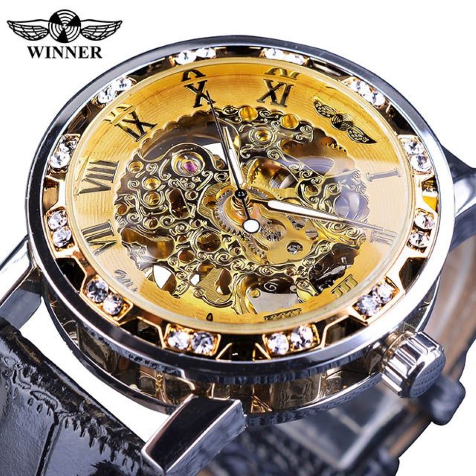 Gagnant Noir Doré Rétro Mains Lumineuses Mode Diamant Affichage Hommes Mécanique Squelette Montres Top Marque De Luxe Horloge Wat183g